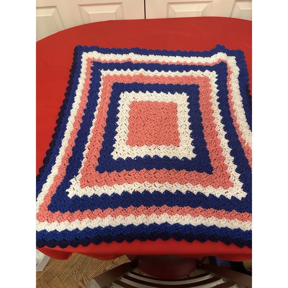 Crocheted Afghan Lap Blanket Blue White Pink